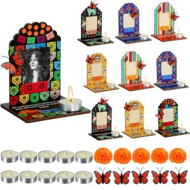 Imagem de Dia De Los Muertos Decorações Molduras, Dia dos Mortos Altar com vela, Calêndula, Borboleta Monarca Artificial, Dia De Los Muertos Kit de Altar Mini Decorações Estilo Caveira de Açúcar Ofrenda