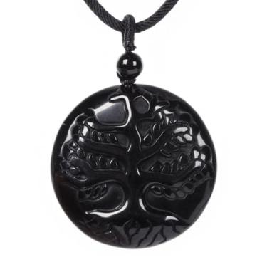 Imagem de Colar com pingente de pedra natural esculpida árvore da vida 35 mm contas redondas 56 cm, Pedra, Obsidiana