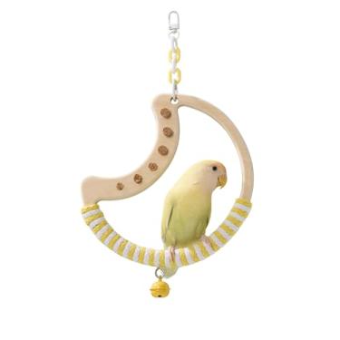 Imagem de Tafit Balanço de pássaro natural – poleiro de papagaio em forma de lua com brinquedos de sino e cortiça, suporte de madeira giratório para periquitos, periquitos, periquitos e pássaros pequenos/médios