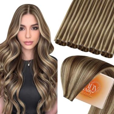 Imagem de Sunny Hair Extensões de cabelo humano Genius Weft Hair Highlights Sew in Hair Real Human Hair Dark Brown Mix Caramelo Loiro Genius Trama Humana Extensões de Cabelo Humano Textura Macia Sedosa 35,5 cm