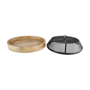 Imagem de Gourmet Basics by Mikasa Mango Wood Lazy Susan com tampa de domo de comida de malha de ferro, 37 cm