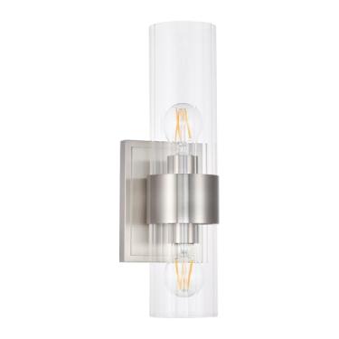 Imagem de Arandelas de banheiro modernas com vidro canelado transparente, níquel escovado 2 luminárias de banheiro para espelho sala de estar corredor quarto