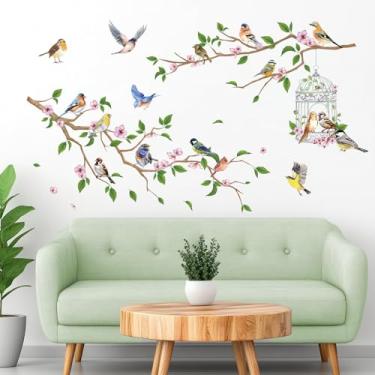 Imagem de fufuquare Decalques de parede com tema de jardim, pássaros em galhos com flores mural de parede gaiola de pássaro, adesivos de parede autoadesivos DIY removíveis para sala de estar, quarto, escritório
