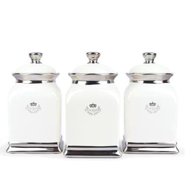 Imagem de fanquare Pote Para Biscoitos De 30 Oz, Conjunto 3 Potes Brancos Cozinha, Decorativos Porcelana Fazenda Bancada, Cerâmica Armazenar Café, Açúcar, Sachê Chá