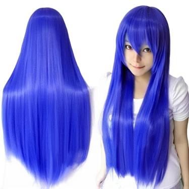 Imagem de IMISSU Perucas de cosplay de cabelo natural longo e reto com franja colorida fantasia de Halloween peruca de festa para menina (Azul)