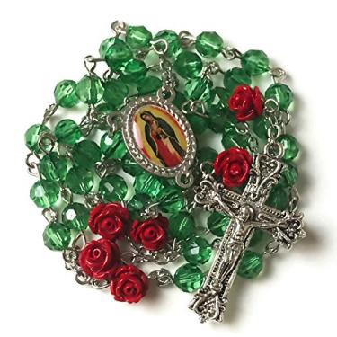 Imagem de Nossa Senhora de Guadalupe Rosário Católica Católica Feminina com Corte Cristal Verde Esmeralda e Rosa Vermelha