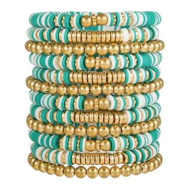 Imagem de HYHONEY Pulseiras de amizade com contas Heishi pulseiras fofas pulseiras de vinil argila disco contas surfista elástico verão praia pulseiras para mulheres, One Size, Pedra, argila