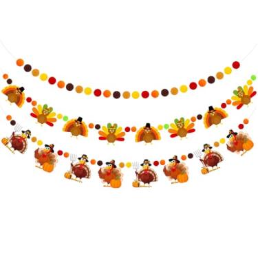 Imagem de Doumeny 3 peças, faixa de feltro de Ação de Graças, guirlanda de feltro agradecido, guirlanda de peru, guirlanda para pendurar feliz ação de graças, faixa de festa de graças, bola de pompom com peru