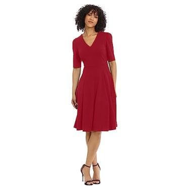 Imagem de Donna Morgan Vestido midi feminino stretch crepe manga cotovelo decote V ajuste e flare, Vermelho Savvy, 52