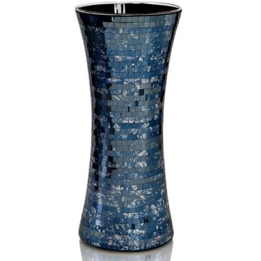 Imagem de Cididu Vaso de flores de mosaico, vasos de vidro azul marinho de 29,5 cm para centros de mesa, vaso alto decorativo moderno feito à mão, vasos de mosaico com glitter para decoração de casa, casamento