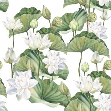 Imagem de VEELIKE Papel de parede de flor de lótus branco aquarela descasque e cole papel de parede floral vintage nenúfar papel de contato pré-colado 48 cm x 395 cm mural de parede de lótus autoadesivo