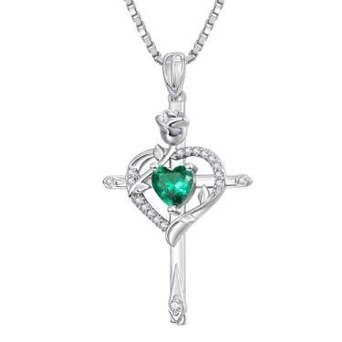 Imagem de CupidGift Colar de cruz para mulheres, banhado a ouro 14 K, banhado a ouro 18K, delicado coração, pedra do mês de nascimento, rosa, joias diárias, batismo, fé, aniversário, Natal, presentes de