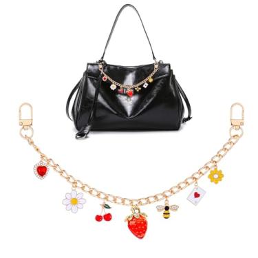 Imagem de LuneClat Berloques para bolsas de mão - Y2K pingente de margarida de morango decorativo, corrente de extensão elegante dourada para bolsas de ombro, acessórios de alça de bolsa fofos para mulheres