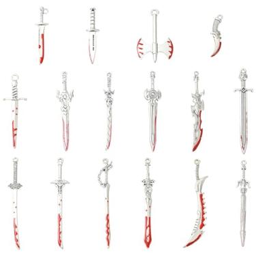 Imagem de LiQunSweet 32 peças, 16 estilos, pingentes esmaltados em forma de espada, faca, machado, berloques para joias faça você mesmo, pulseira, colar, brinco, bolsa, chaveiro, decoração de telefone