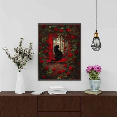 Imagem de Quadro Decorativo Gato Com Rosas Vermelhas 33X24Cm - Vidro