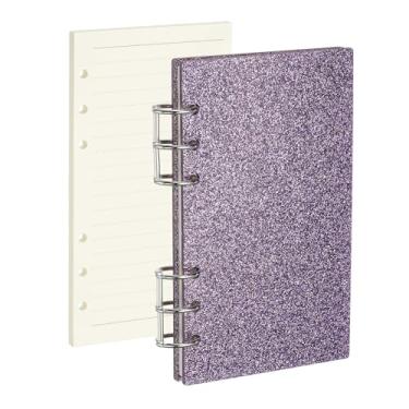 Imagem de PATIKIL Capa para caderno com 6 anéis, fichário acrílico com glitter A6, 2 anéis redondos de metal prateado com 90 folhas forradas, papéis internos para planejamento de viagem e escritório, roxo