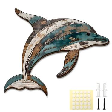 Imagem de Decoração de arte de parede de golfinho do mar de madeira - 30 cm tema animal praia vintage decoração para pendurar na costa para casa, jardim, cerca, quintal, piscina, lago, casa de banho, presente