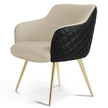 Imagem de Poltrona Decorativa Pés Palito D'Ouro Jade D02 Linho Bege C-129 Tressê Corano Preto - Lyam Decor