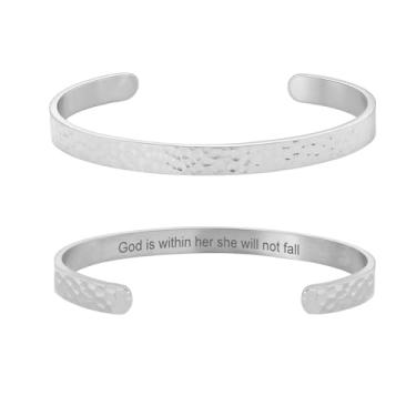 Imagem de Pulseira feminina com versículo da Bíblia inspiradora martelada banhada a ouro 18 K, presente de joia de fé cristã, ajustável, não mancha, Medium, Aço inoxidável, Sem Pedra Preciosa