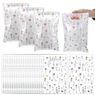 Imagem de FdcLixuvol 100 peças de sacos de brindes com tema de flores silvestres, sacolas de lembrancinhas de plástico para doces e flores silvestres com alças para casamento, aniversário, chá de panela