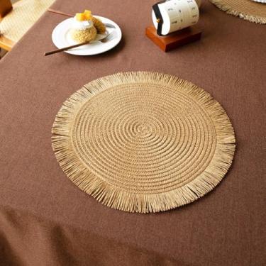 Imagem de Jogo americano de tecido redondo para mesa de jantar, jogo americano de juta natural com borlas, boho, trançado, tapetes de mesa resistentes ao calor para uso interno e externo, decoração de cozinha