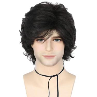 Imagem de Peruca masculina curta preta com franja lateral e cachos fofos - yiwei