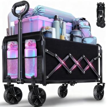 Imagem de Carrinho utilitário dobrável dobrável com rodas, vagão dobrável resistente de 163 kg com alça ajustável, 2 suportes para bebidas, vagão portátil para mantimentos, jardim, praia, acampamento, compras