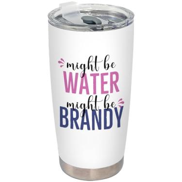 Imagem de BEHIFL Copo de presente com álcool, presentes para amantes de coquetéis, copo de aço inoxidável com tampa e canudo 590 ml, copo de café de viagem Might Be Water Might Be Brandy