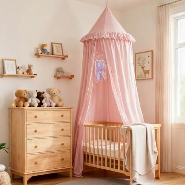Imagem de Akiky Dossel de cama infantil para berço e solteiro com babados, apanhador de sonhos, decoração de quarto de bebê de princesa, cúpula de bebê, cortinas redondas para barraca pendurada, saia sobre a