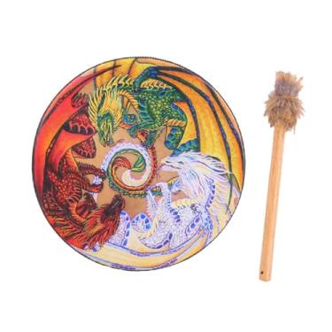 Imagem de Dynwave Tambor Xamânico Instrumental - Músico Instrumental - Tambor de Mão Xamânico com Baqueta, 3 Dragões