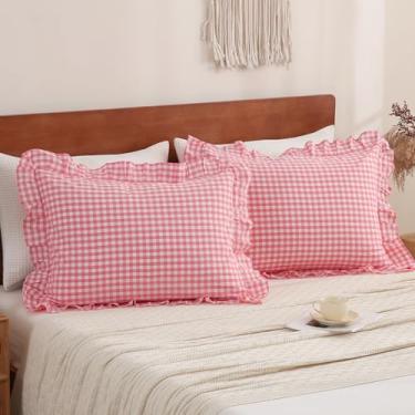 Imagem de YHJWW Fronhas de travesseiro rosa guingão com babados, 100% algodão lavado, sensação de linho, macio, confortável, tamanho padrão, xadrez, fofo, conjunto de 2 fronhas (50 x 66 cm, fecho de envelope)