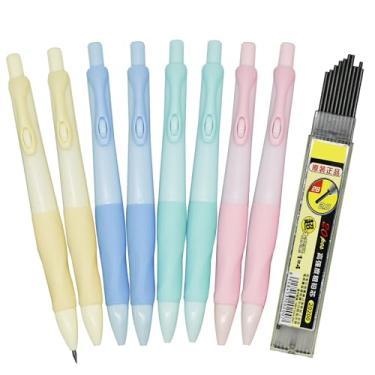 Imagem de Lopenle Pacote com 24 lápis mecânicos com treinador de aderência, grafite 2B automático de 2,0 mm, botão de pressão com apontador embutido (4 cores sortidas) + 24 pontas de recarga extra - Auxílio de