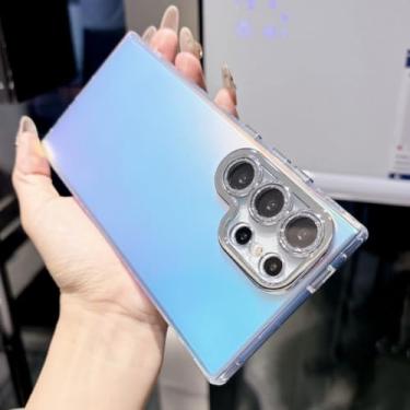 Imagem de Capa translúcida de luxo com gradiente a laser para Samsung Galaxy S25 S24 S23 Ultra Plus, película de lente de diamante com flash, capa de acrílico rígido com descoloração (para Samsung S25Plus/