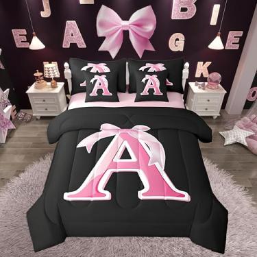 Imagem de jejeloiu Conjunto de edredom infantil com laço preto e rosa, tamanho casal, monograma, 7 peças, inicial personalizada, bolsa com edredom, lençóis, fronhas, moda moderna