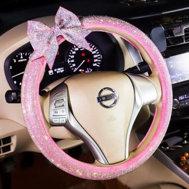 Imagem de Capa de volante de carro, laço de cristal rosa, acessórios interiores brilhantes, strass colorido, diamantes, antiderrapante, protetor de roda de 38 cm, universal, confortável para meninas e mulheres