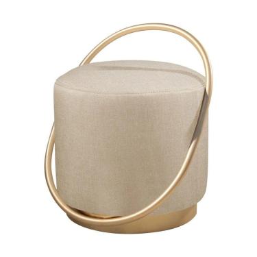 Imagem de Puff Redondo Lunar Em Linho E Base Metal Dourado Linho Bege