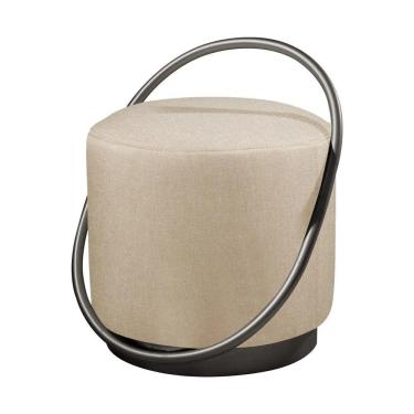 Imagem de Puff Redondo Lunar Em Linho E Base Metal Preto Linho Bege Claro