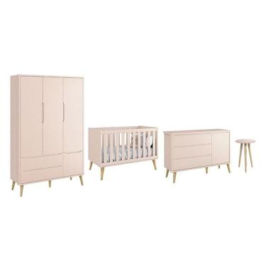 Imagem de Dormitório Theo 3 Portas E Mesa De Canto Rosa Com Pés Madeira Natural - Reller Móveis Rosa