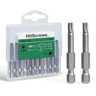Imagem de HitScrews Conjunto magnético de 10 peças T25 Torx Bits, 5 cm S2 de aço com haste sextavada de 1/10.2 cm em caixa de armazenamento para chave de impacto pronta e reparo doméstico