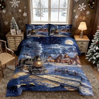 Imagem de Homewish Conjunto de cama de trem retrô, cabana de inverno, selva, para crianças, adolescentes e adultos, estilo casa de fazenda rústica, edredom acolchoado com 2 fronhas, tamanho Queen, 3 peças