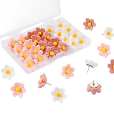 Imagem de Pinos de pressão de flores, 30 peças de tachas decorativas para polegar com estojo, tachinhas de quadro de cortiça, pinos fofos para quadro de avisos, pinos coloridos e fofos para fotos, parede, mapa