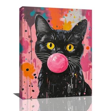 Imagem de Gato preto engraçado rosa Banksy Graffiti arte de parede imagens de gato fofo decoração de parede pintura de gatinho decoração de arte presentes emoldurados para amantes, mulheres, meninas, banheiro