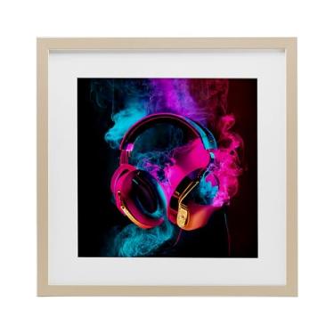 Imagem de Stupell Industries Power Play Fones de ouvido rosa e azul Impressão emoldurada de bétula sob vidro, design por Sasha, 13 x 13
