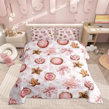 Imagem de Conjunto de edredom infantil com laço rosa, tamanho solteiro, pinheiros, bolo de Natal, reversível, para quarto de adolescentes, linda sobremesa, flocos de neve, conjunto de edredom acolchoado