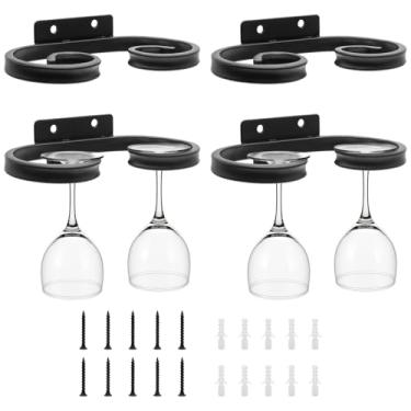Imagem de SAMGUYUE 4 peças de taças de vinho montadas na parede, suporte de cabide de copos de vinho preto de metal, organizador de armazenamento para bar, cozinha, sala de jantar (16,77 polegadas)
