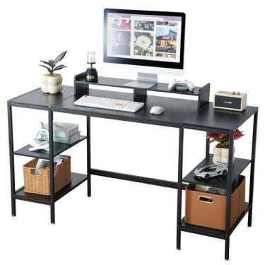 Imagem de MINOSYS Mesa de computador – mesa de jogos de 140 cm, mesa de escritório em casa com armazenamento, mesa pequena com suporte para monitor, mesa de escrita para 2 monitores, espaço de armazenamento