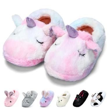 Imagem de Pantufas WateLves para crianças pequenas, pantufas de unicórnio para meninas, sapatos de inverno para casa, antiderrapantes, macios, para quarto (unicórnio tie-dye, 32/33)