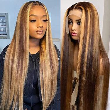 Imagem de Habiliana Peruca de cabelo humano 200% Densidade HD Perucas Onduladas Lisas Cabelo Humano Real Full Large Lace 4x4 Destaque P4/27 Perucas Tecidas Pré-Arrancadas para Mulheres Negras