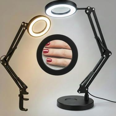 Imagem de Luminaria De Mesa Com Lupa, Abajur Quarto Com Ajuste De Brilho, Base Pesada, 3 Modos De Cor, Abajur De Mesa Com Garra Multifuncional, Lente De Vidro, Luz Fria, Natural E Quente, 12W