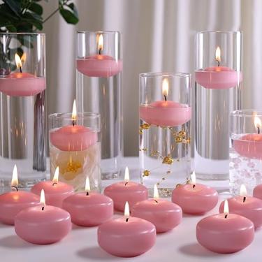 Imagem de GINITIRI Velas flutuantes rosa de 5 cm, pacote com 36 velas flutuantes sem cheiro para centros de mesa, vela ativada por água de 5 a 6 horas para vasos cilíndricos, piscina de casamento